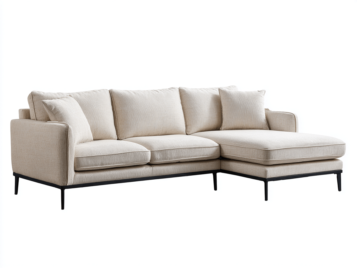 Canapé d’angle en tissu beige 280×175 cm avec méridienne – design moderne avec coussins confortables-Shelterano