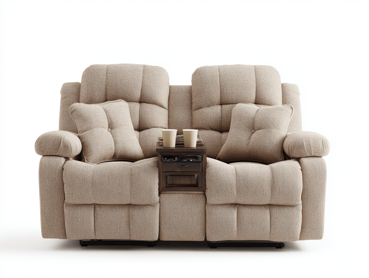 Canapé relaxation tissu 2 places – beige – avec console centrale et coussins assortis-Shelterano