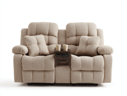 Canapé relaxation tissu 2 places – beige – avec console centrale et coussins assortis-Shelterano