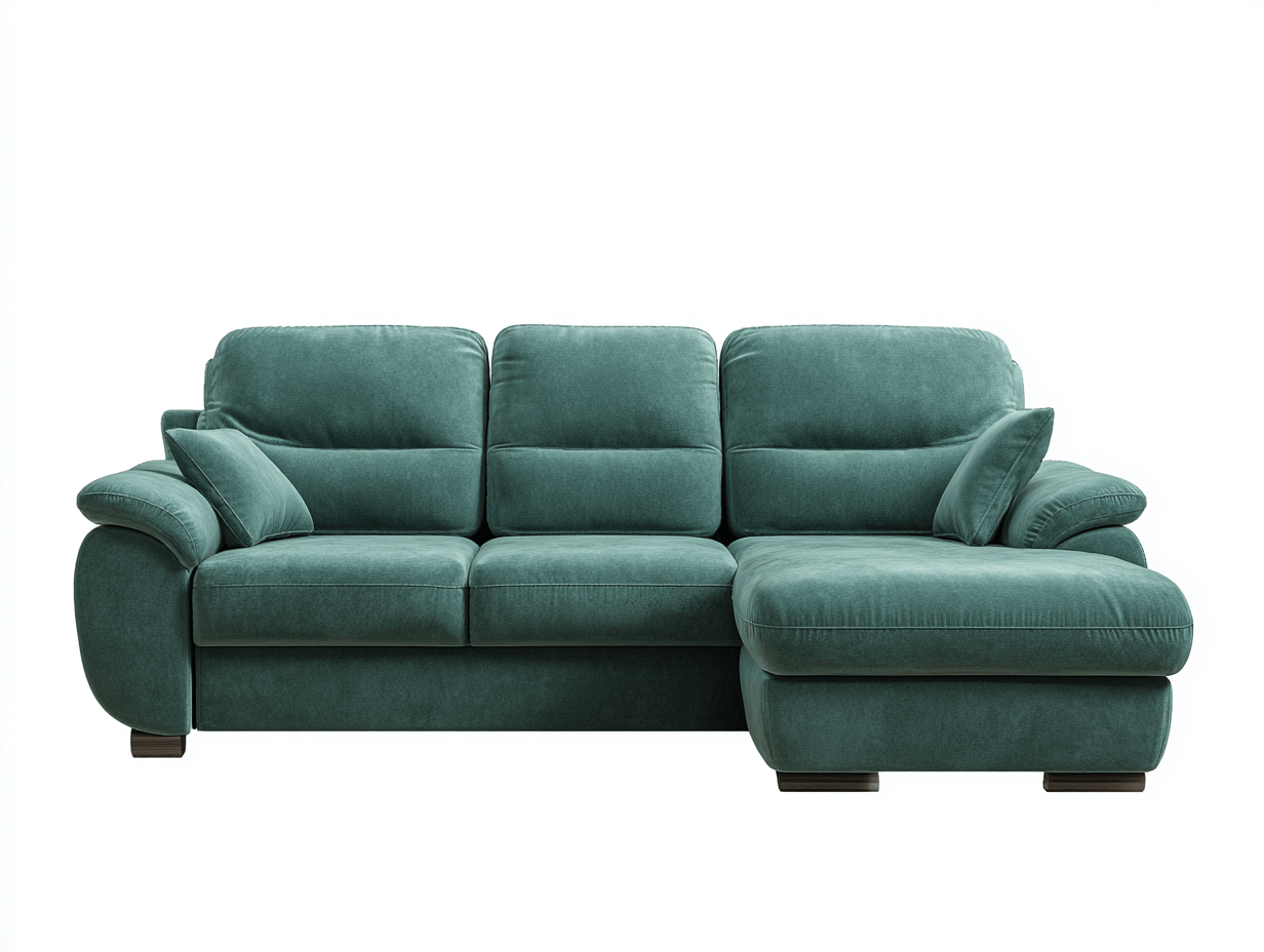 Canapé d’angle – tissu vert 260×165 cm – design contemporain avec coussins et accoudoirs rembourrés-Shelterano