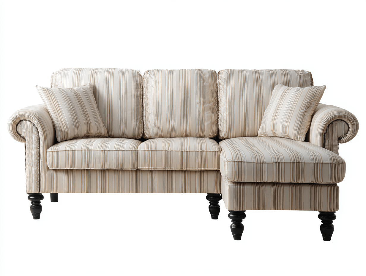 Canapé d’angle – tissu beige à rayures 255×165 cm – style classique avec coussins-Shelterano