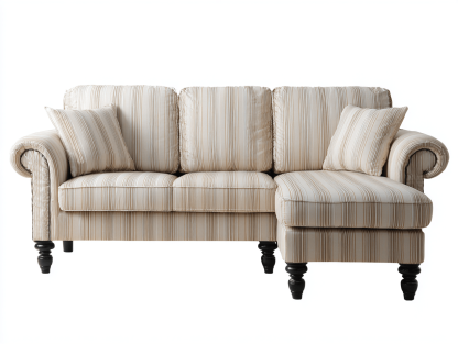 Canapé d’angle – tissu beige à rayures 255×165 cm – style classique avec coussins-Shelterano