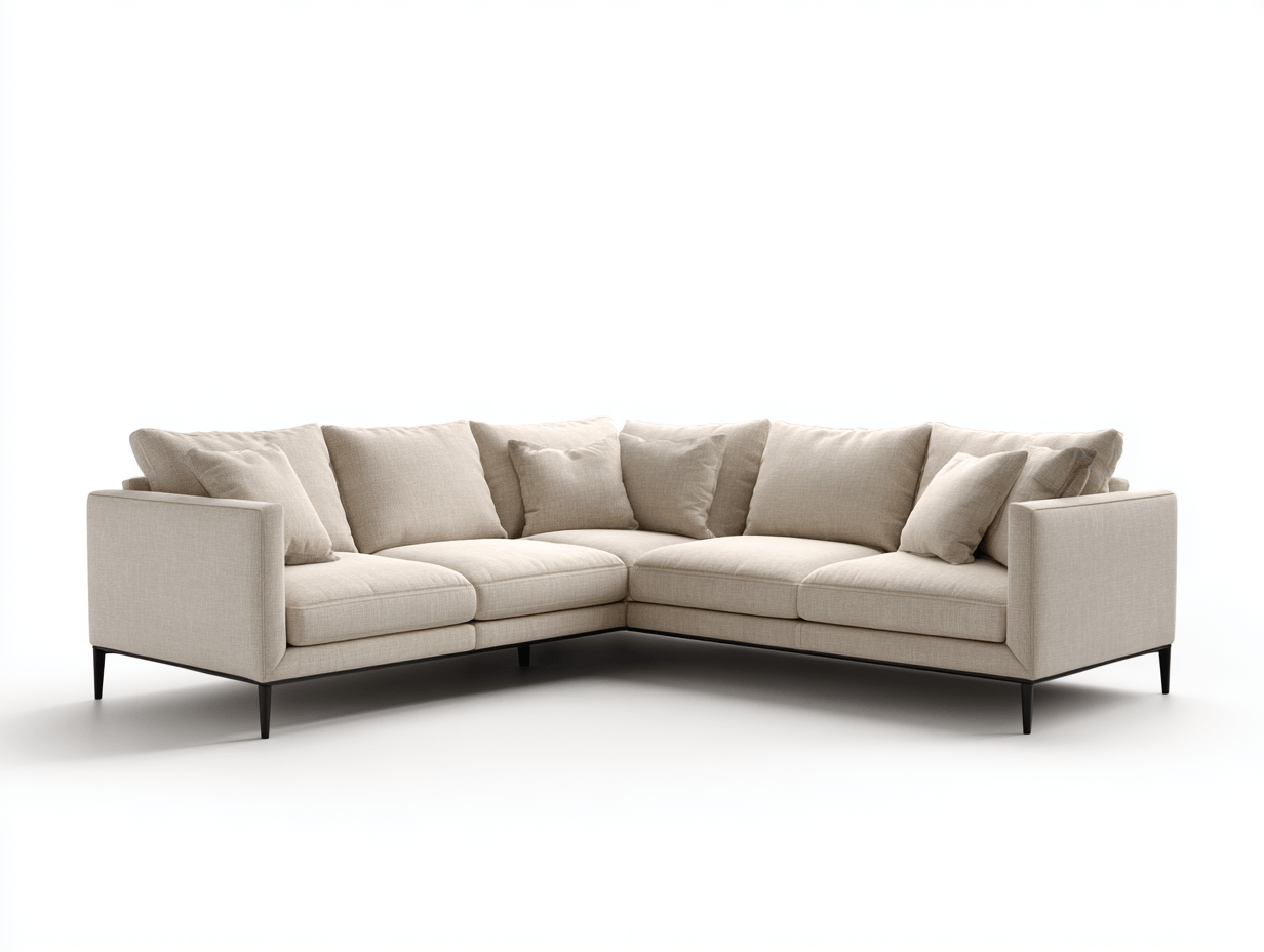 Canapé d’angle en tissu 300×200 cm – beige clair – style contemporain avec coussins assortis-Shelterano