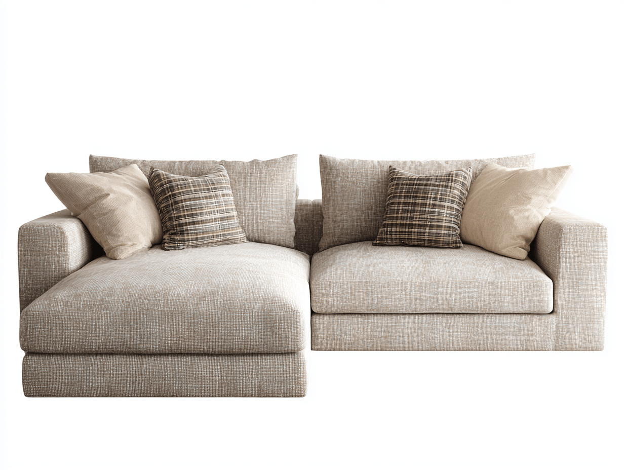 Canapé d’angle en tissu beige 230×155 cm avec méridienne – style contemporain avec coussins décoratifs-Shelterano