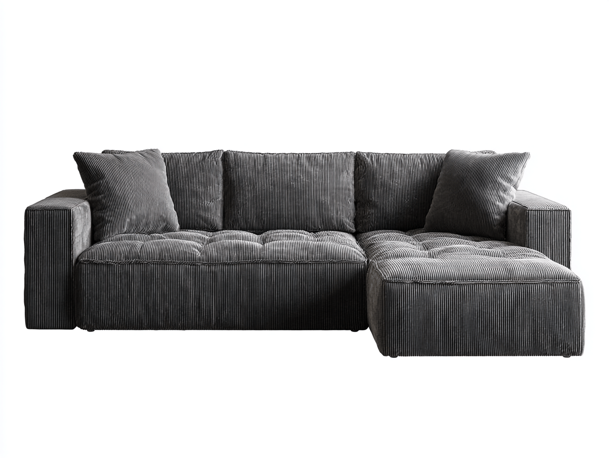 Canapé d’angle en velours côtelé gris 310×190 cm avec méridienne – style moderne avec coussins décoratifs-Shelterano