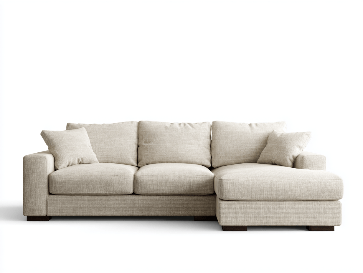 Canapé d’angle en tissu lin beige 270×170 cm avec méridienne – design contemporain avec coussins inclus-Shelterano