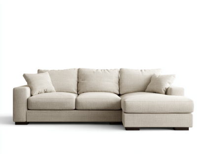Canapé d’angle en tissu lin beige 270×170 cm avec méridienne – design contemporain avec coussins inclus-Shelterano