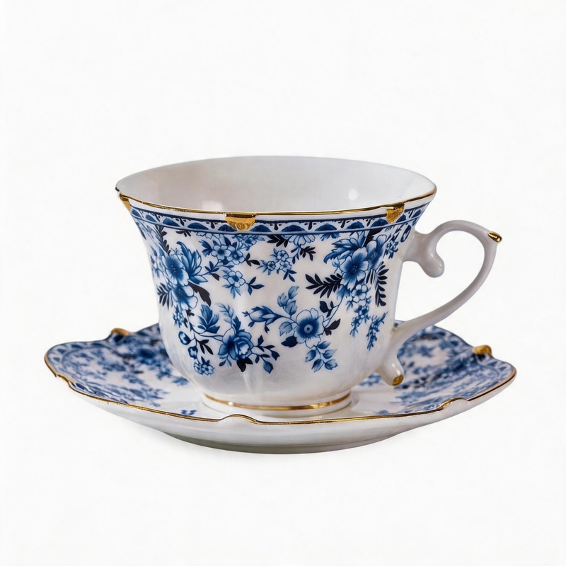 Gold Trim Blue White Bone China Cup and Saucer Set