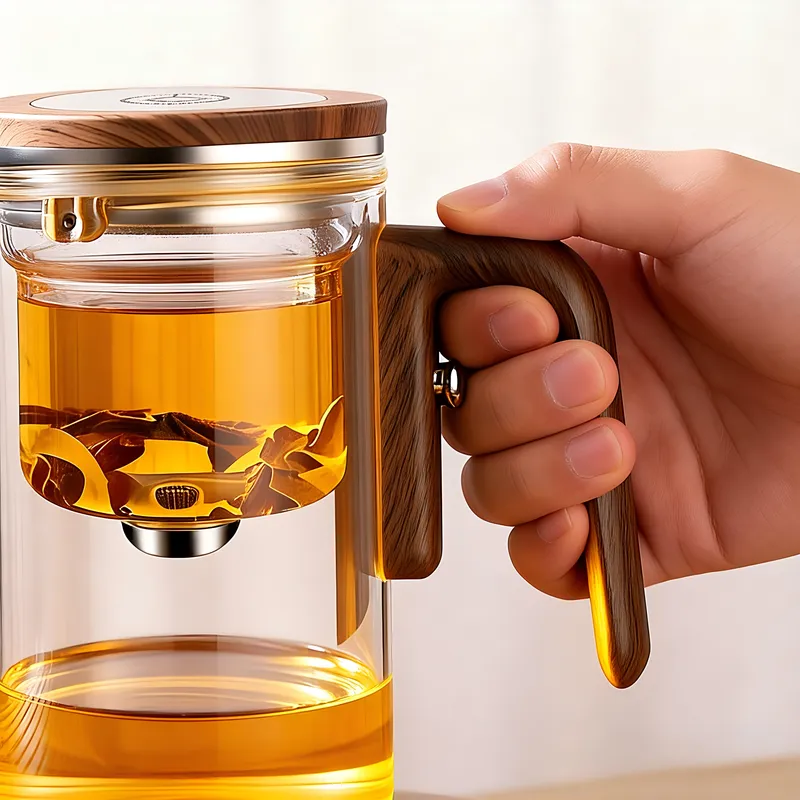 Magnetic One-Click Glass Teapot with Wooden Handle, Heat-Resistant Borosilicate Glass Tea Infuser Pot, Tea Separation Design for Home & Office Use