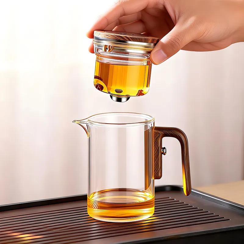 Magnetic One-Click Tea Separation Glass Teapot Set, Detachable Infuser with Wooden Handle, Heat-Resistant Borosilicate Glass Tea Maker for Loose Leaf Tea