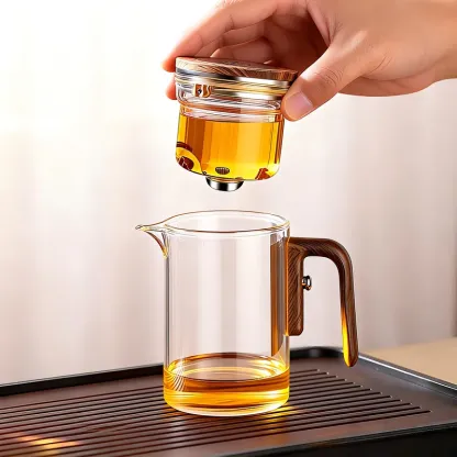Magnetic Tea Infuser Pot, Glass Teapot with Removable Infuser & Wooden Handle, One-Click Tea Separation, Heat-Resistant Borosilicate Glass Tea Maker for Home Office