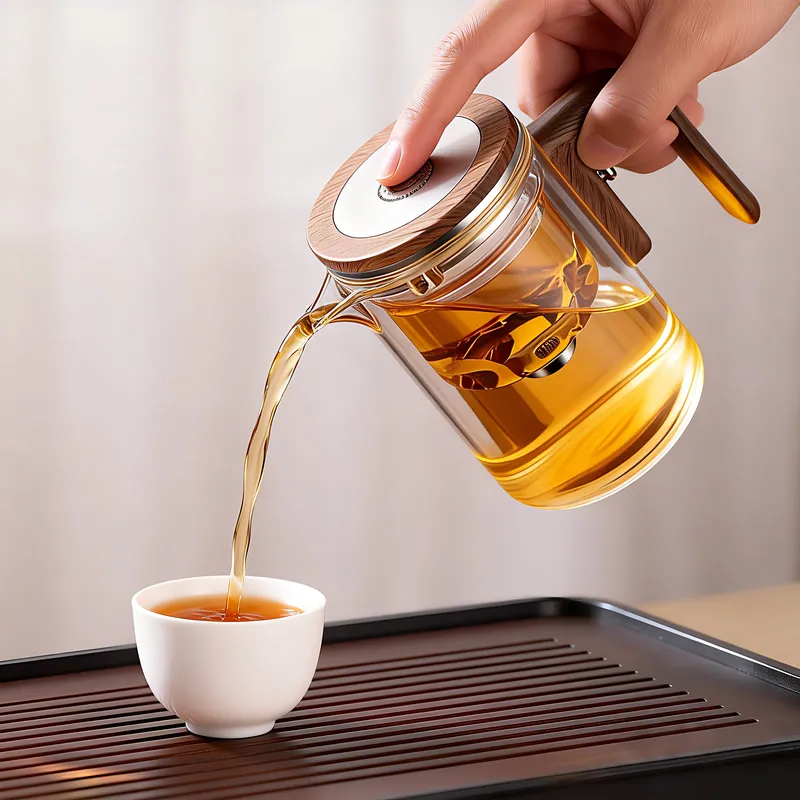 Magnetic One-Click Tea Separation Glass Teapot, Heat-Resistant Borosilicate Glass Tea Maker with Wooden Handle, Easy Pouring Tea Infuser for Loose Leaf Tea