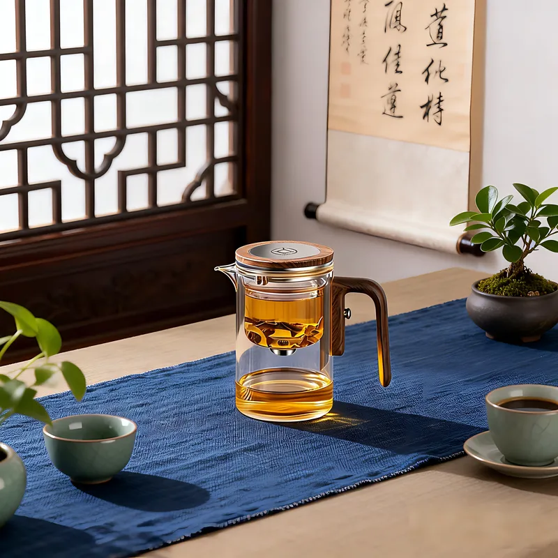 Magnetic Glass Teapot with Wooden Handle, Heat-Resistant Borosilicate Glass Tea Maker with One-Click Tea Separation, Chinese Style Tea Infuser Pot for Home Tea Ceremony