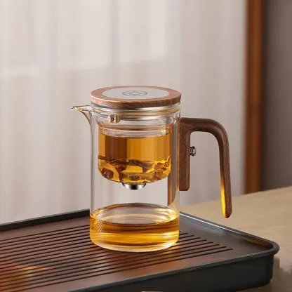 Magnetic Tea Infuser Pot, Glass Teapot with Removable Infuser & Wooden Handle, One-Click Tea Separation, Heat-Resistant Borosilicate Glass Tea Maker for Home Office