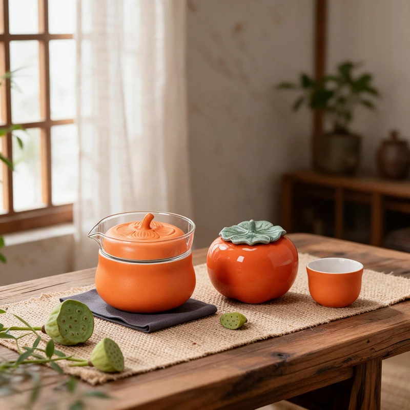zen-chinese-tea-space-persimmon-teapot-ceramic-cup-wooden-table