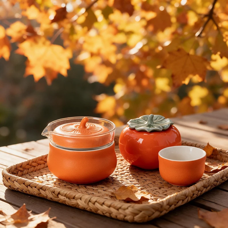 persimmon-shaped-ceramic-tea-caddy-green-leaf-lid-closeup-detail
