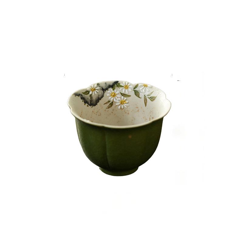 Small Green Mandarin - Daisy Spring Painting - Lotus Petal Tea Cup (Handmade White Porcelain)