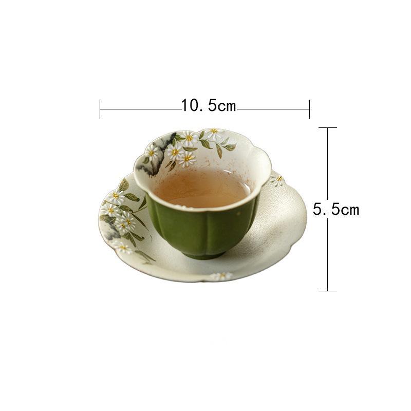 Small Green Mandarin - Daisy Spring Painting - Lotus Petal Tea Cup with Saucer (Handmade White Porcelain)
