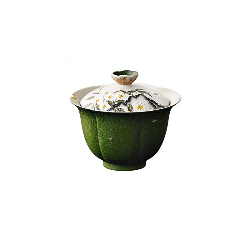 Small Green Mandarin - Daisy Spring Painting - Lotus Petal Gaiwan (White Porcelain Tea Bowl with Lid)