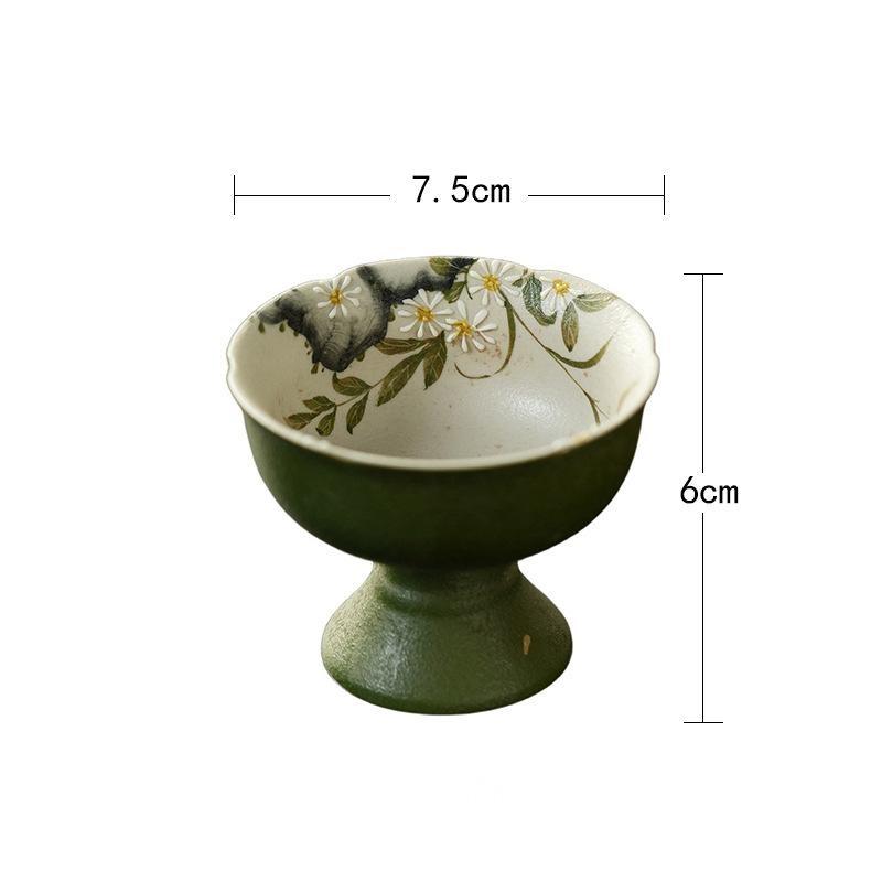 Small Green Mandarin - Daisy Spring Painting - Crabapple Pedestal Flower-Mouth Tea Cup (Handmade White Porcelain)