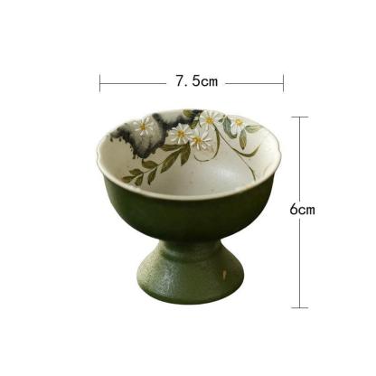 Small Green Mandarin - Daisy Spring Painting - Crabapple Pedestal Flower-Mouth Tea Cup (Handmade White Porcelain)