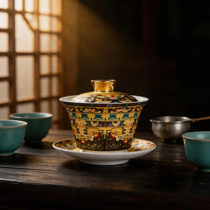 gold-decorated-gaiwan-on-tea-table-with-celadon-cups