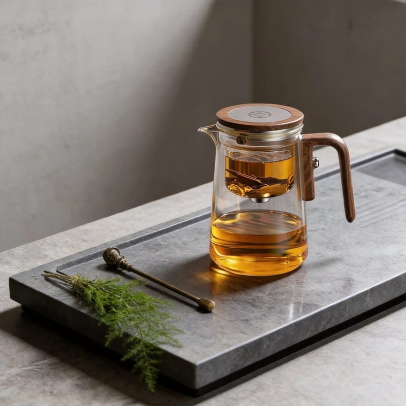 glass-tea-infuser-on-rattan-balcony-side-table-with-open-book-sunlight