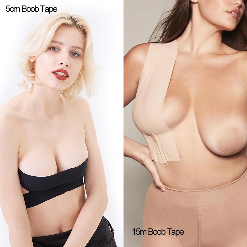 5cm vs 15cm extra wide boob tape comparison showing maximum coverage, minimal layering, fewer strips, and enhanced support for fuller busts