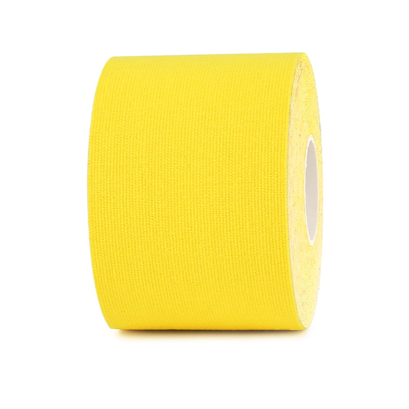 Yellow kinesiology tape on cyclist during long-distance ride for visibility and muscle support in Europe