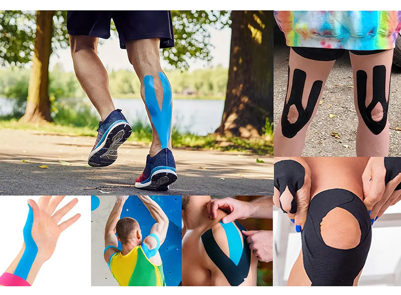 Kinesiology tape is applied to the calves and thighs of soccer players.