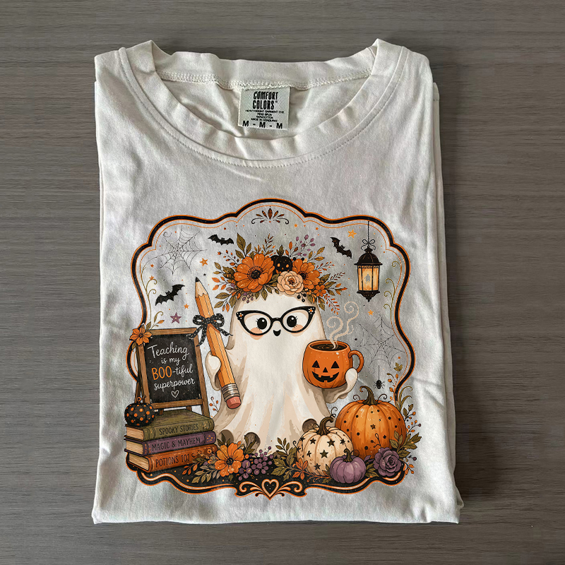 Spooky Floral Teacher Pencil Bow Ghost Halloween T-shirt