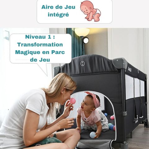 Lit bébé 3 en 1 transformable en parc interactif avec aire de jeux intégrée.