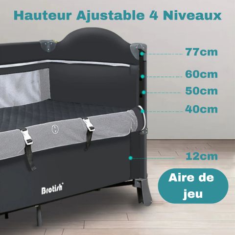 Lit bébé 3 en 1 avec hauteur réglable sur 4 niveaux pour un confort optimal.