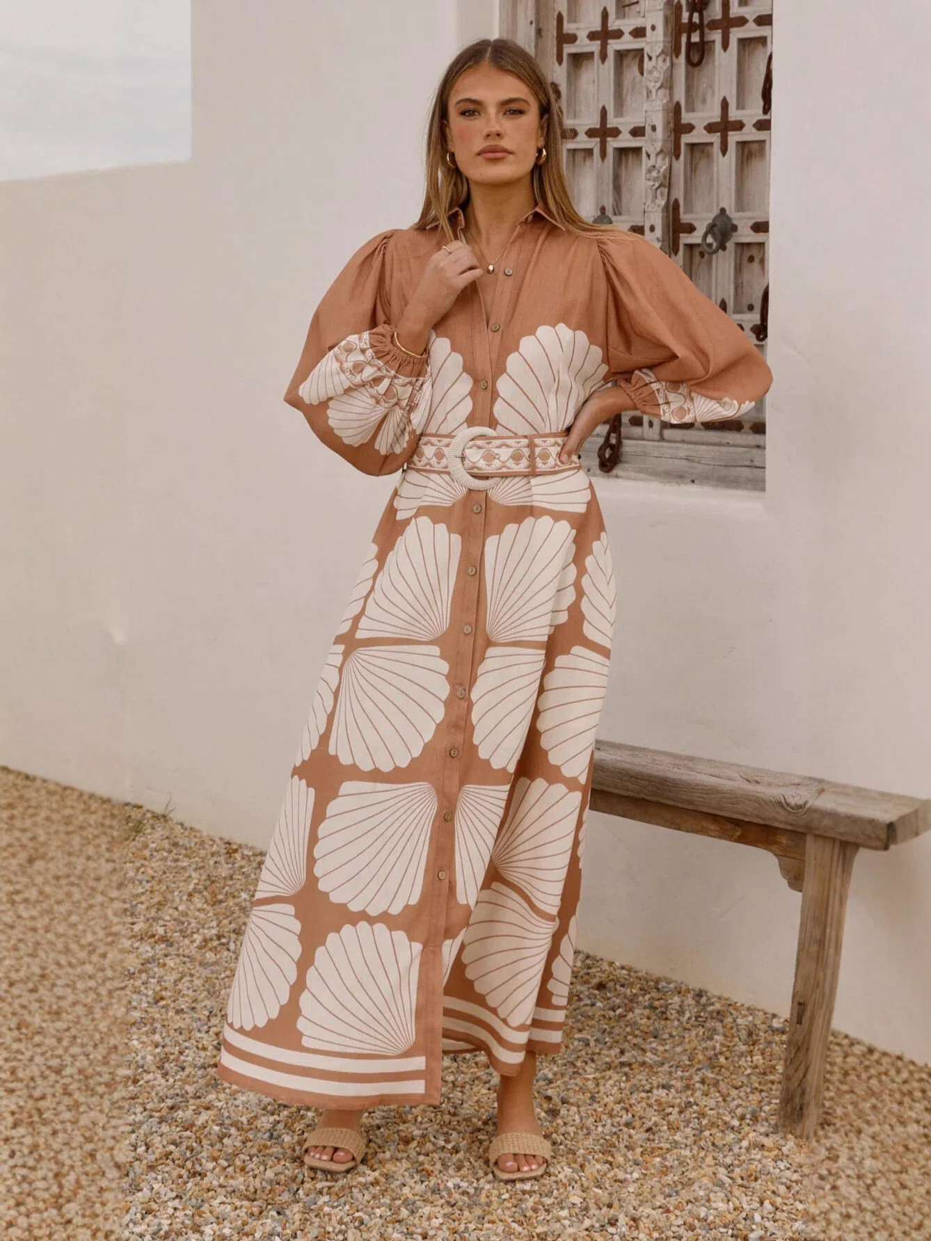 Terracotta Shell Print Shirt Maxi Dress