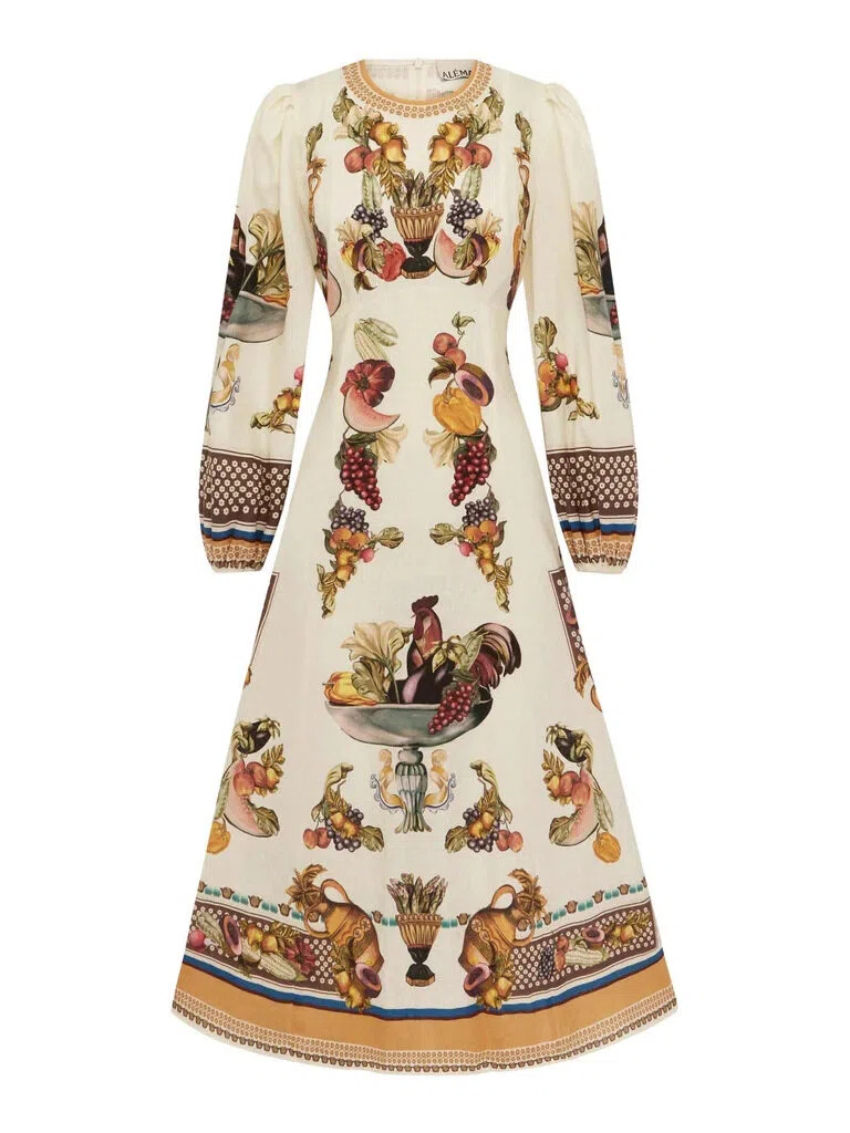 Vintage Fruit & Rooster Print Maxi Dress