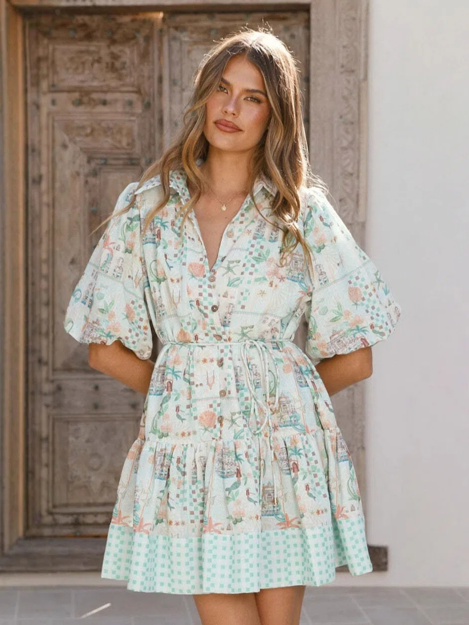 Mint Patchwork Tiered Shirt Mini Dress