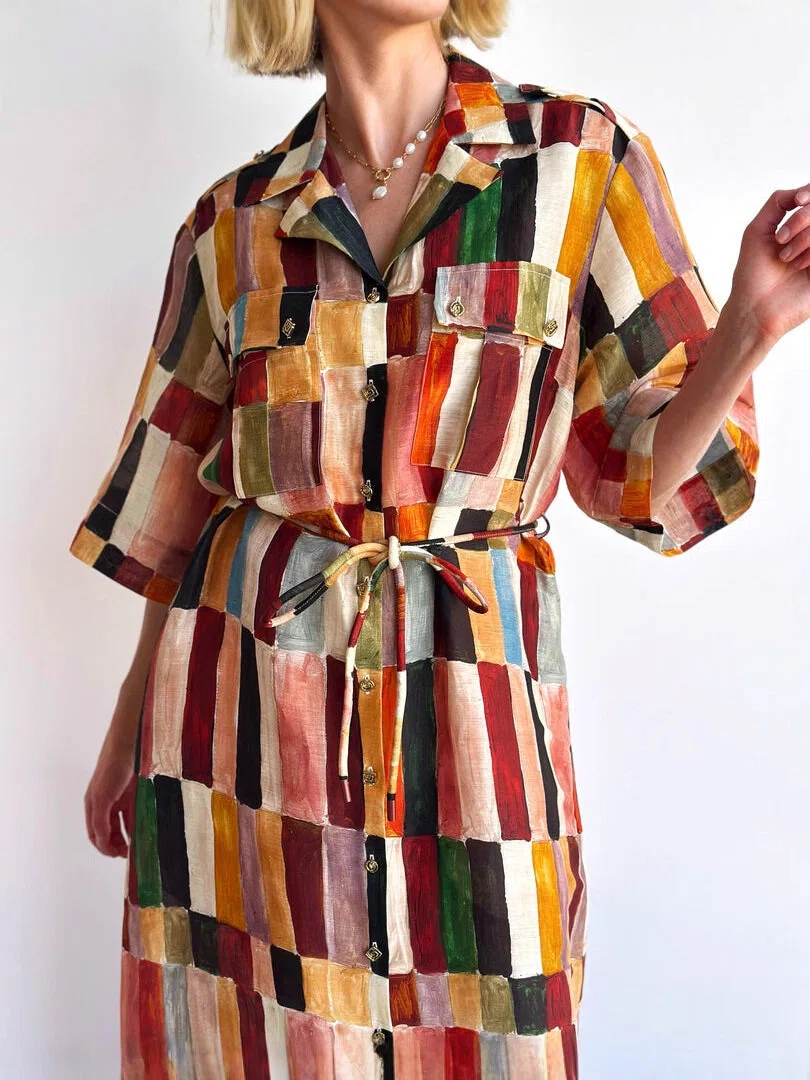 Color Block Print Shirt Maxi Dress