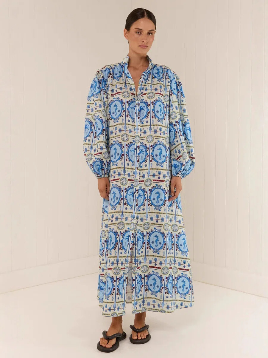 Seahorse Print Button Front Maxi Dress