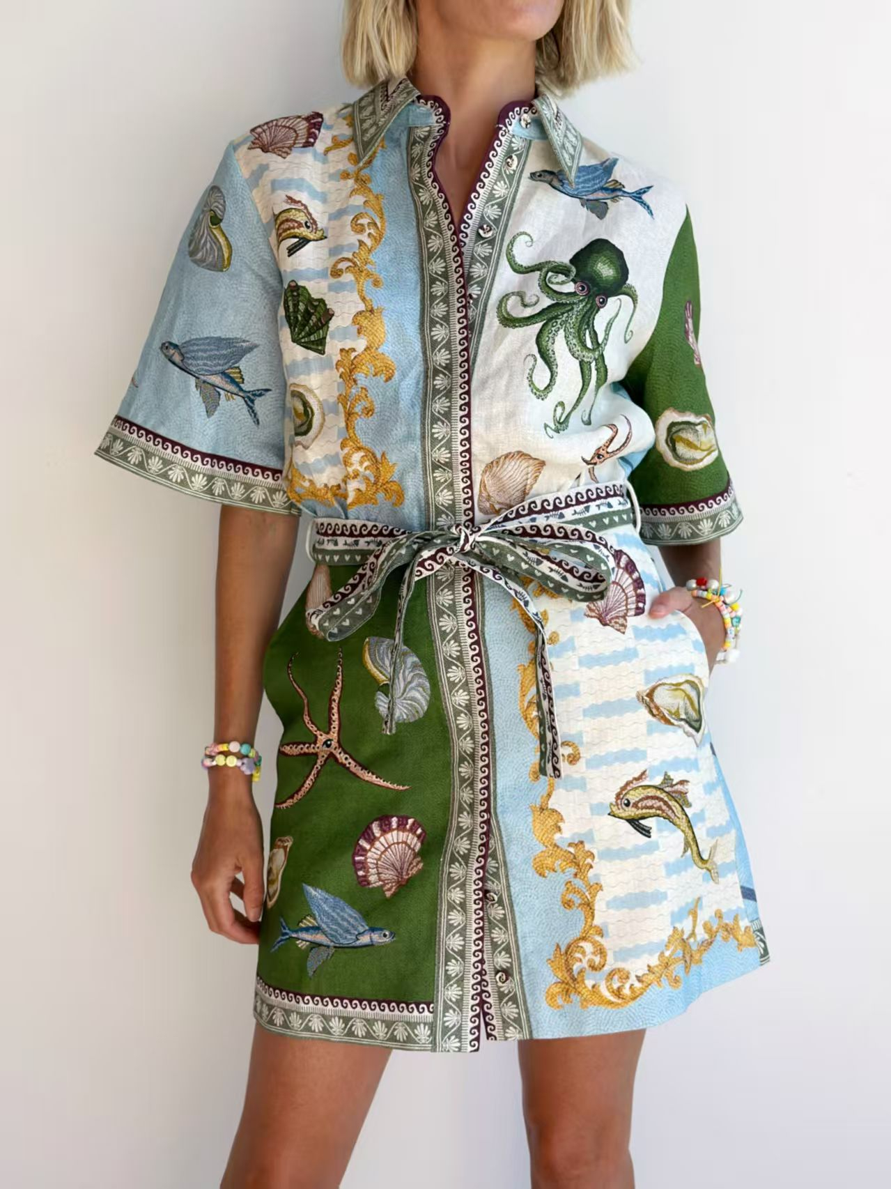 Marine Life Patchwork Shirt Dress