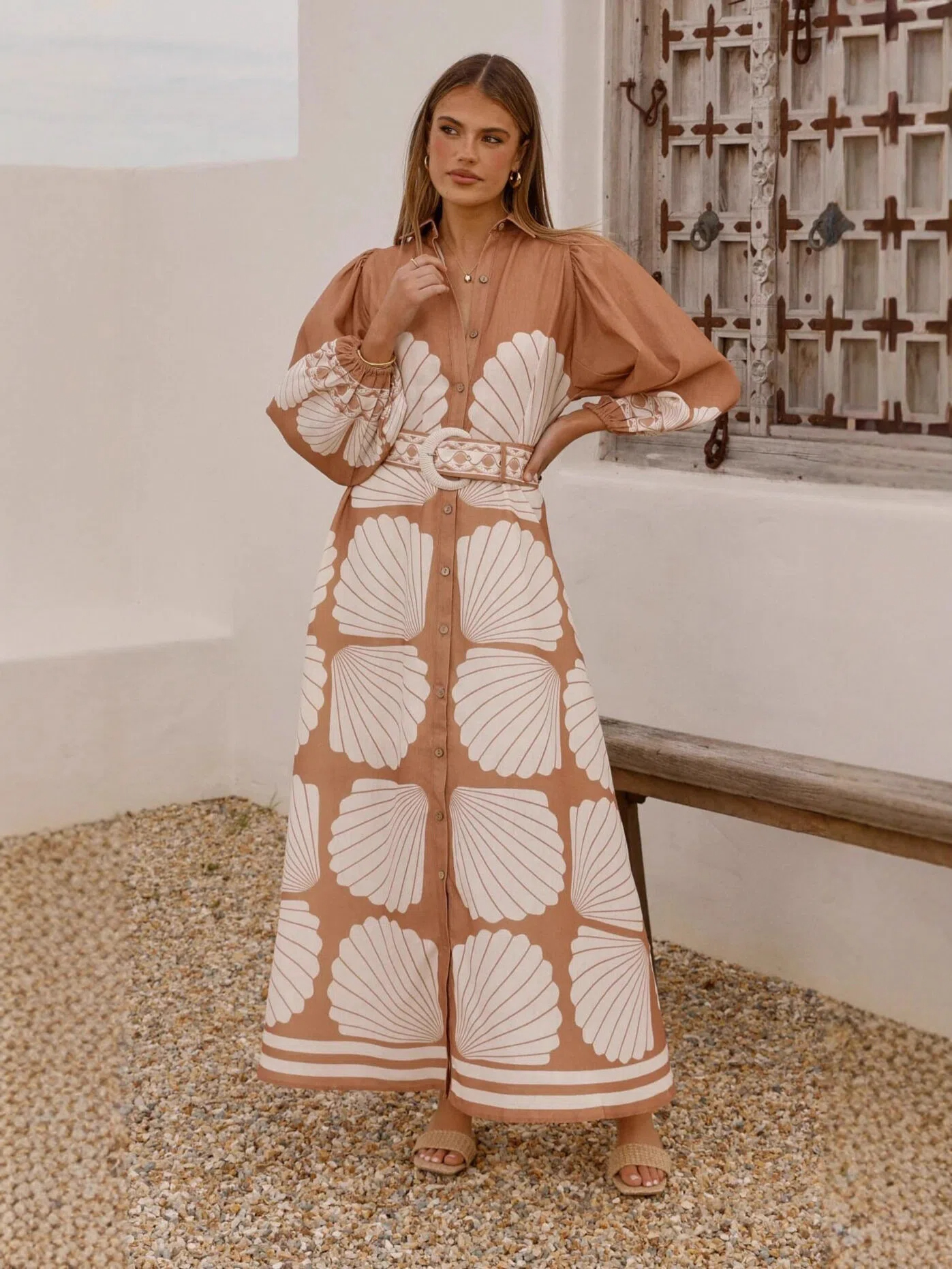Terracotta Shell Print Shirt Maxi Dress