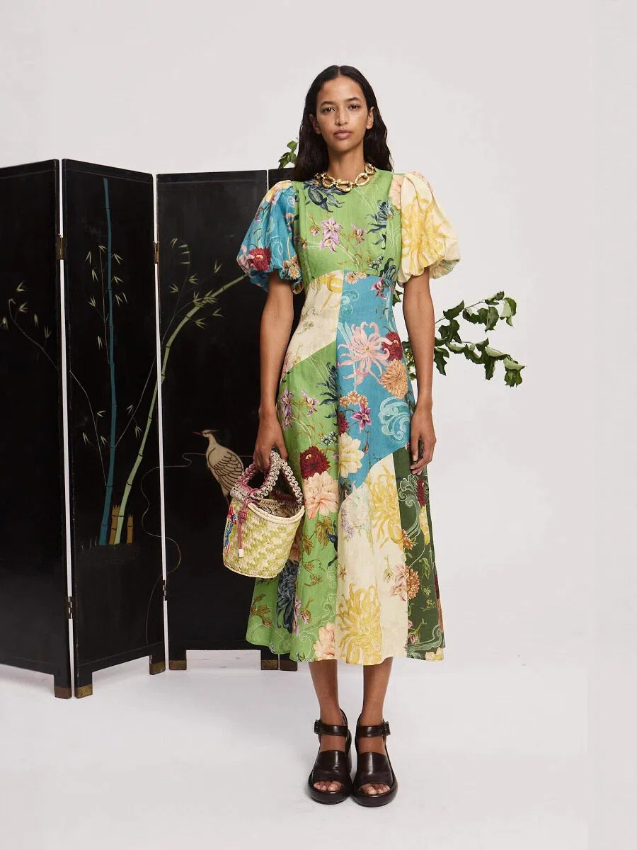 Botanical Patchwork Puff Sleeve Midi Dress