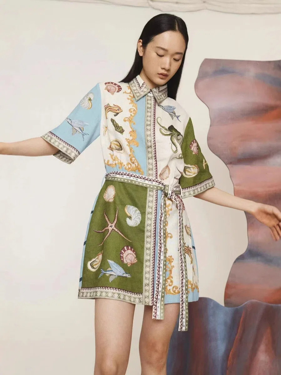 Marine Life Patchwork Shirt Dress