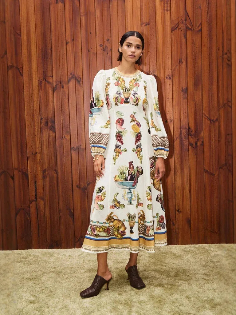 Vintage Fruit & Rooster Print Maxi Dress