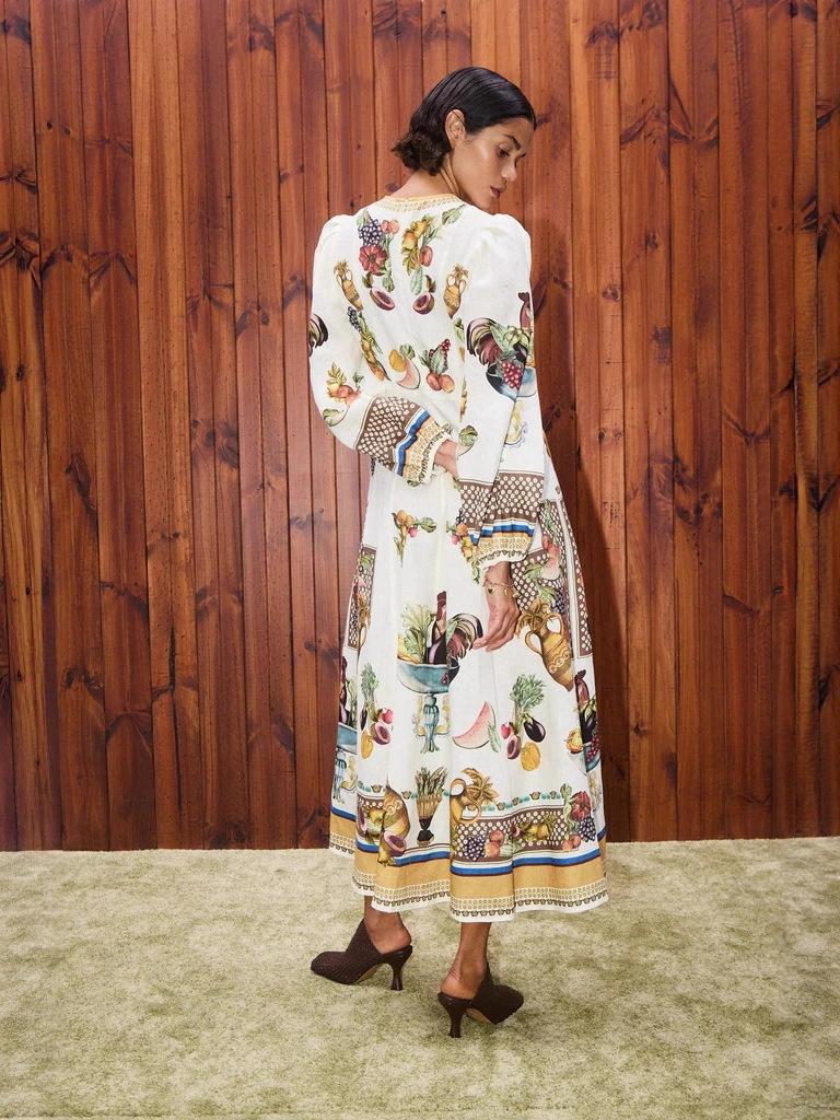 Vintage Fruit & Rooster Print Maxi Dress