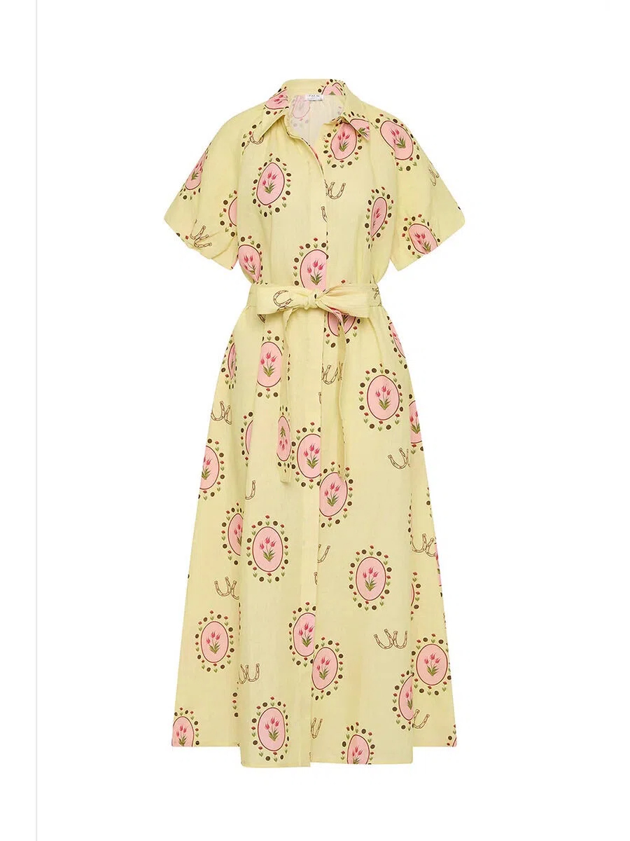 Lemon Floral Puff Sleeve Shirt Maxi Dress