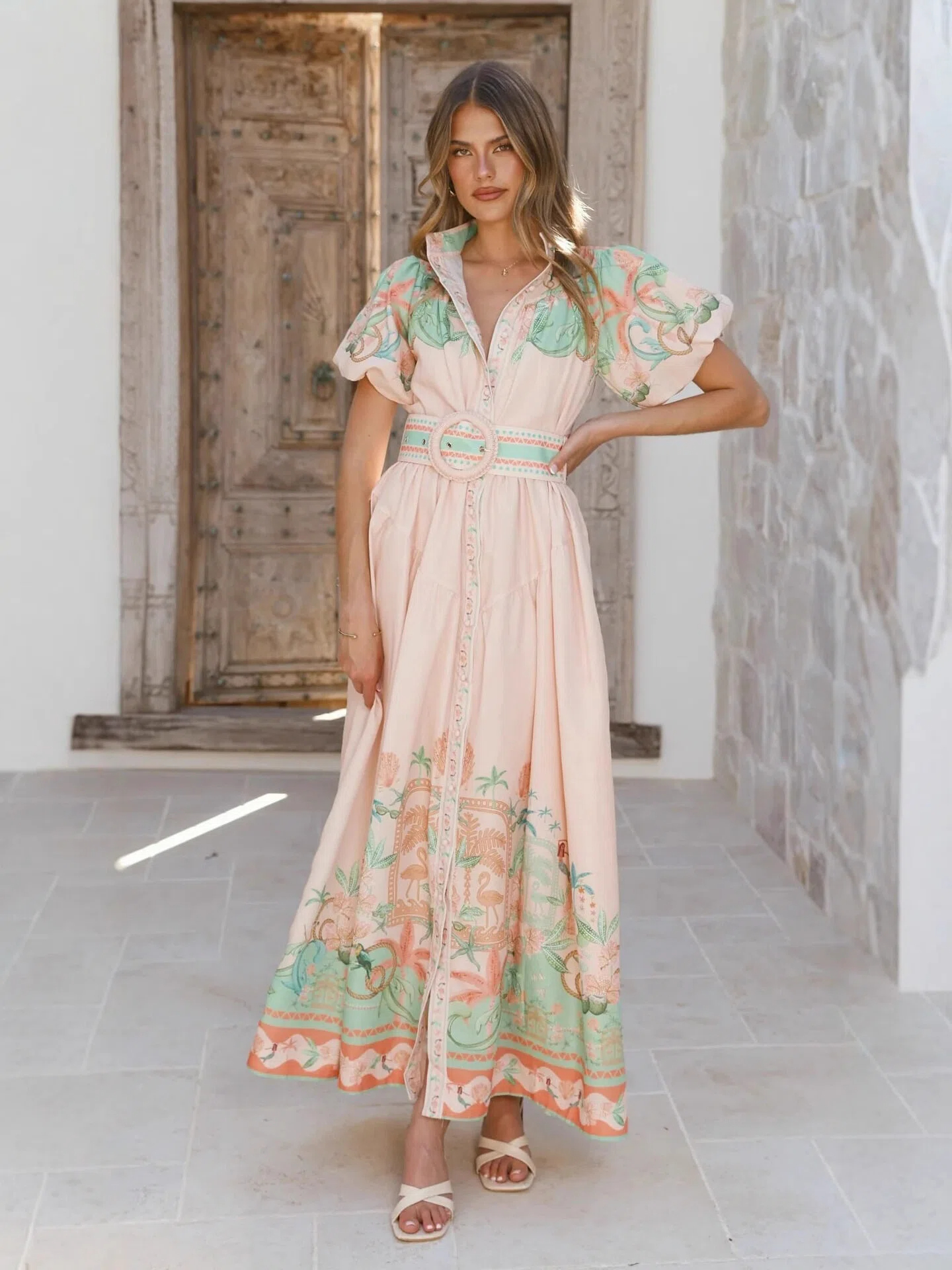 Blush Tropical Border Print Maxi Dress