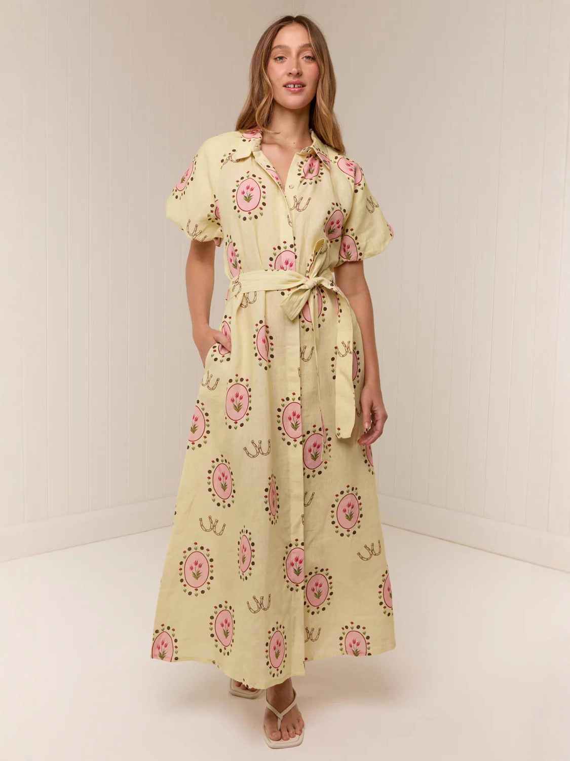 Lemon Floral Puff Sleeve Shirt Maxi Dress