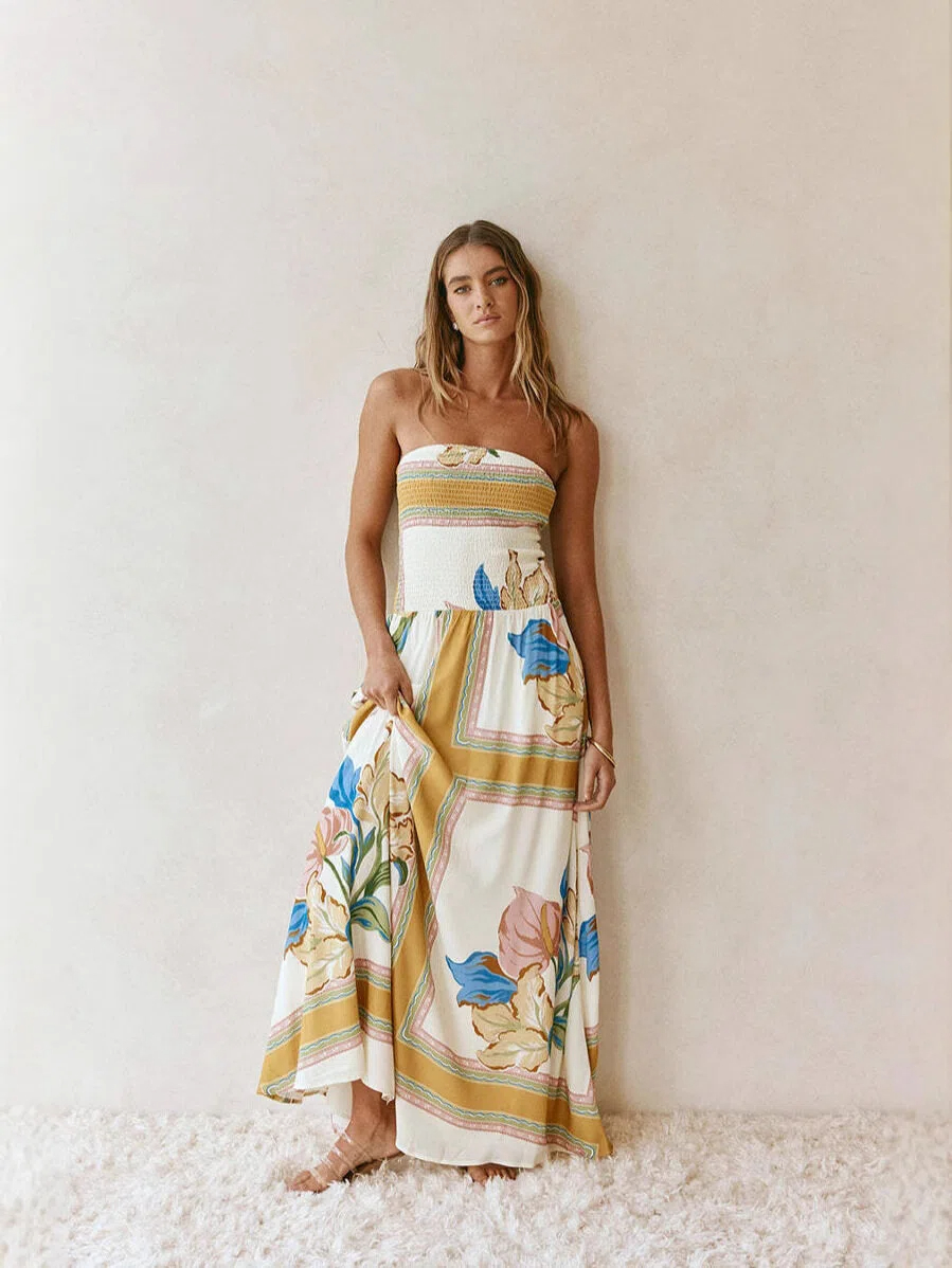 Tropical Scarf Print Strapless Maxi Dress