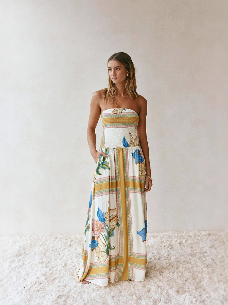 Tropical Scarf Print Strapless Maxi Dress