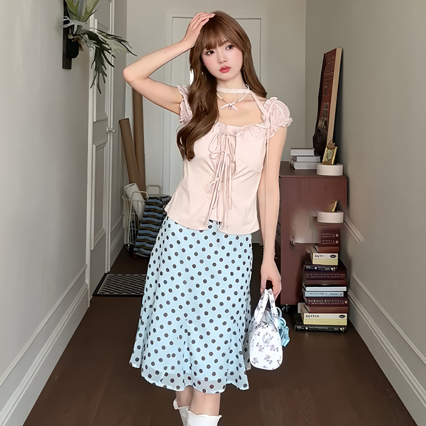 Korean-style sweet polka dot skirt for women, summer high-waisted mesh A-line short skirt, youthful and versatile, elegant midi skirt